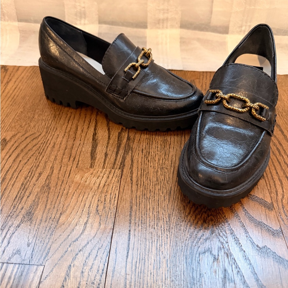 Dolce Vita Black Leather Loafers with Gold Chain